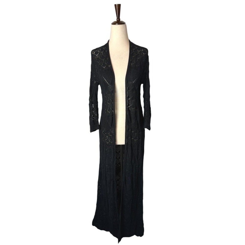 Johnny Was‎ Sweater Women XS Black Cotton Crochet Open Knit Duster Cardigan Boho - Picture 2 of 10